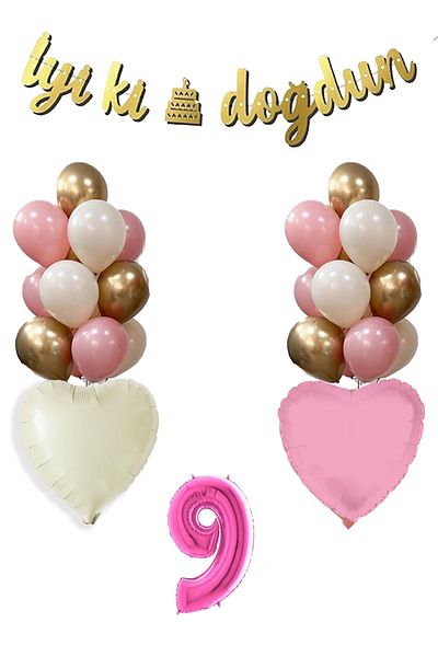 Atölye Mi 9 Year Old Pink Birthday Balloon Set 16Inch Pink Number Happy Birthday Set with Banner