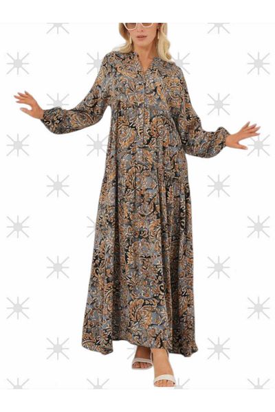 Freeista Gray Hijab Dress Authentic Patterned Hijab Dress 250734019