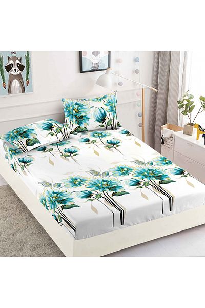 FIONNA.RO Elasticated Duvet Cover and Pillowcases Made of Finet 180x200cm - Turquoise Flowers