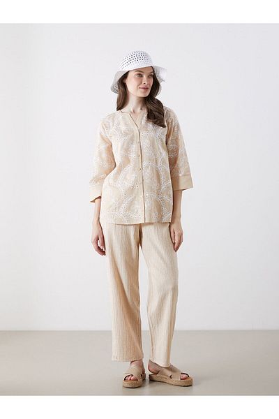 LC Waikiki Women's Shirt with Peep Collar and Floral Embroidery