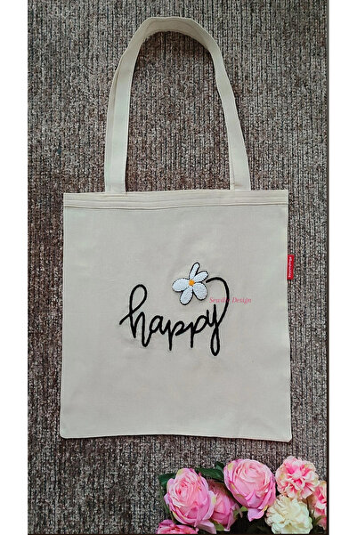 Sewille Design Hand Made Punch İşlemeli Happy Bez Omuz Çantası