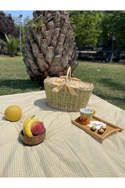 Beyaz Atölyem Büyük Boy Sarı Xxl Hasır Kapaklı Piknik Sepeti Seti(sofra bezi ...