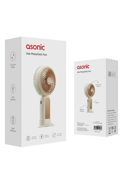 Asonic AFN21 Krem 250mAh Dahili Pil Elde Taşınabilir Masaüstü Usb Fan Şarjlı Type-c Şarj