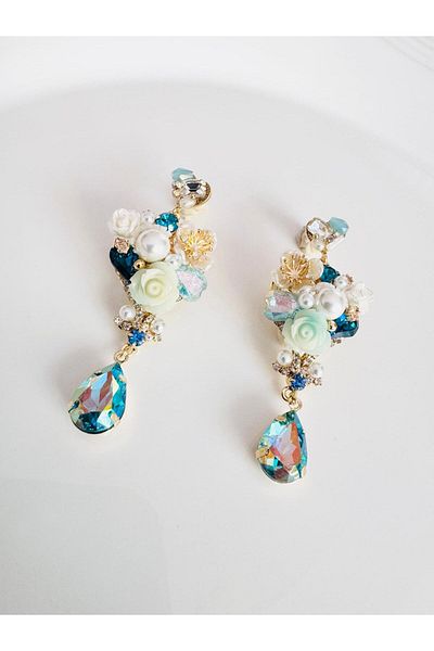 DEVİ fashion Evening Dress Crystal Flower Earrings 6 cm