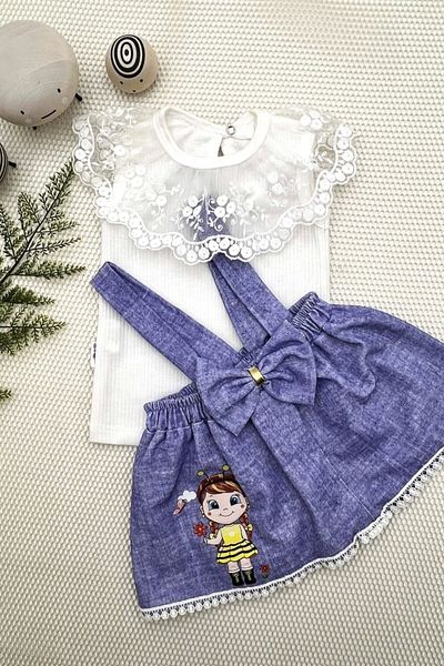 shopwave 1-2-3 Years Old Bee Embroidered Denim Patterned Skirt Cotton Fabric 2-Piece Baby Girl Salopet Set