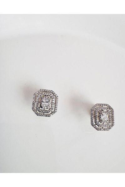 DEVİ fashion Silver Baguette Earrings with Zircon Stone 1 cm