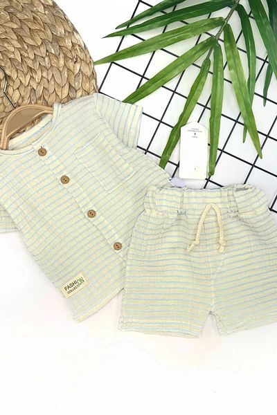shopwave 9-12-18-24 Months Button Detailed Striped Muslin Fabric Summer 2-Piece Baby Boy Set
