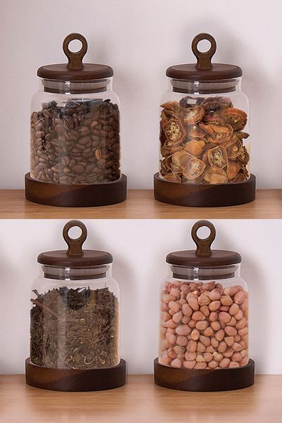 Meturas Set of 4 Glass Jars with Acacia Lids 360ml - Spice Nuts Storage Glass Jar Set