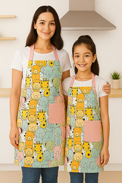 Parla Su İtici Ve Leke Tutmaz Çift Katlı Hayvan Desenli Anne Kız Kombini Mutf...