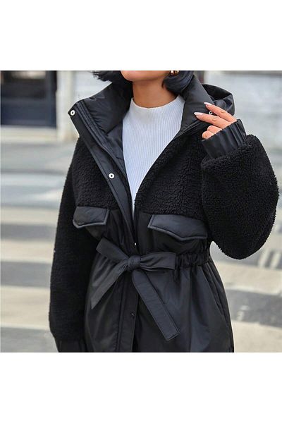 SERBA Plush Garnished Fiber Hooded Women's Coat