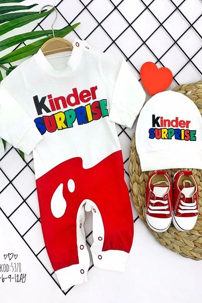 shopwave 3-6-9-12 Months Kinder Surprise Printed 2-Piece Baby Girl and Boy Rompers with Snap Closure Hat