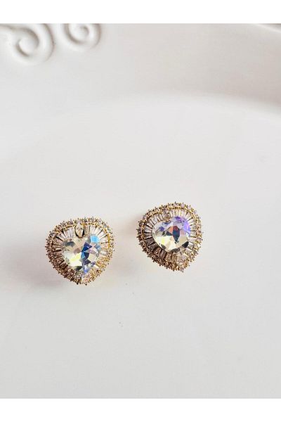 DEVİ fashion Zircon Stone Gold Heart Earrings 2 cm