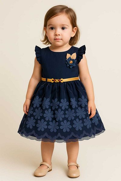 GAMZEAKKUŞ Ruffle Sleeves, Flower Detail, Belted Evening Dress Children's Dress