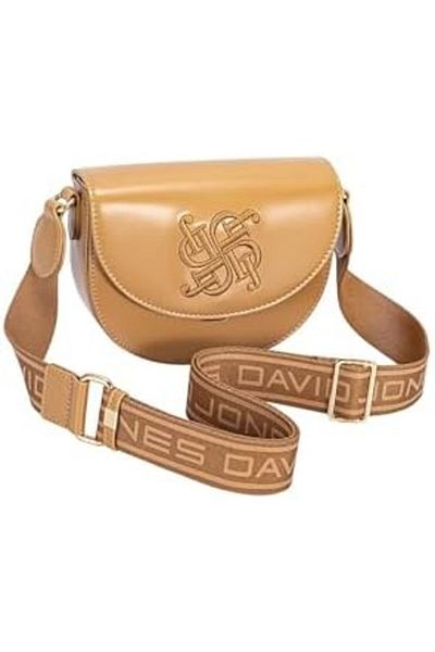 David Jones Rounded Crossbody Bag, Leatherette, Golden Hardware, Flap-Over Design