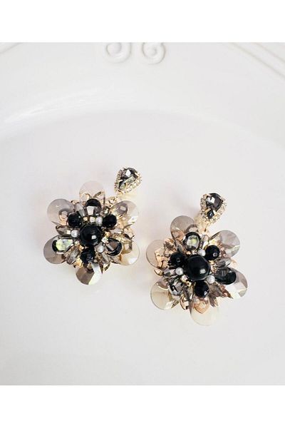 DEVİ fashion Evening Dress Crystal Flower Earrings 5 cm
