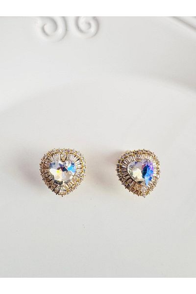 DEVİ fashion Zircon Stone Gold Heart Earrings 2 cm
