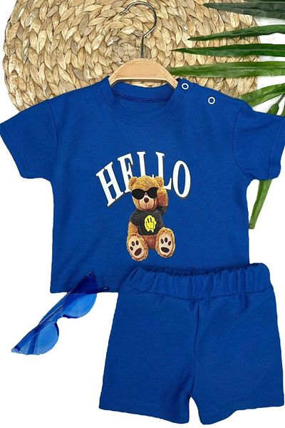 shopwave 9-12-18-24 Months Hello Glasses Teddy Bear Printed Shorts Short Sleeve T-Shirt 2-Piece Baby Boy Set