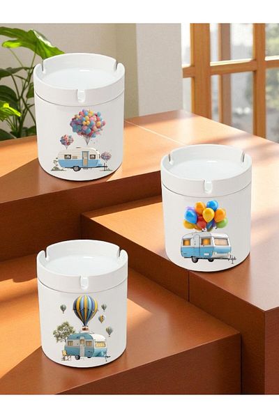 lili hediyelik 3-Piece Ceramic Ashtray with Caravan and Balloon - Home Kitchen Office Workplace Gift Item