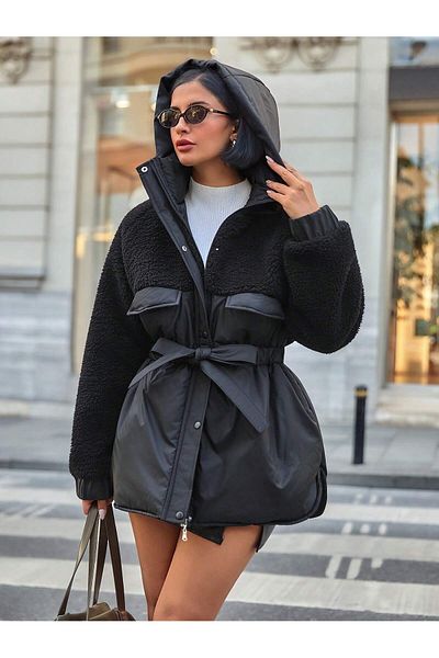 SERBA Plush Garnished Fiber Hooded Women's Coat
