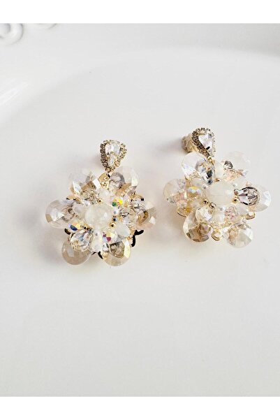 DEVİ fashion Evening Dress Crystal Flower Earrings 5 cm