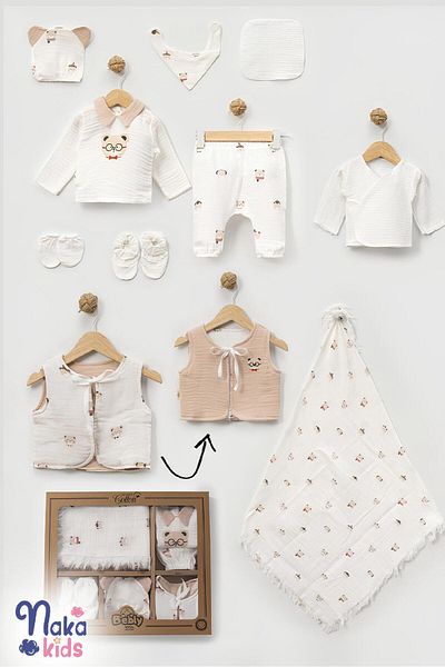 Naka Concept Muslin Teddy Bear Baby Boy Hospital Discharge Set - 10 Pieces