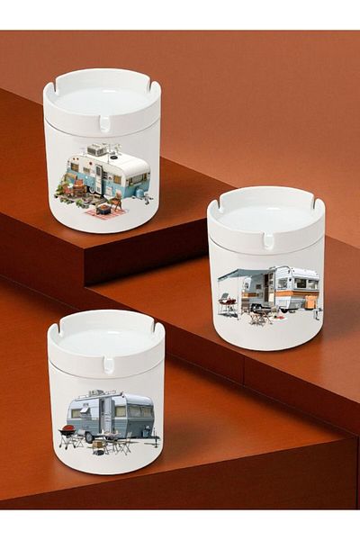 lili hediyelik 3-Piece Ceramic Ashtray with Caravan and Camping - Home Kitchen Office Workplace Gift Item