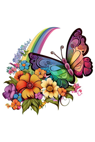 BV Sticker decorativ, Fluture, Curcubeu si Flori, Multicolor, 68 cm, 1210STK-4