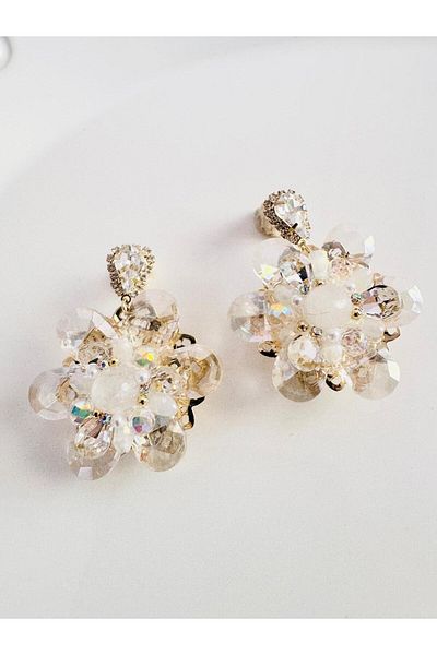 DEVİ fashion Evening Dress Crystal Flower Earrings 5 cm