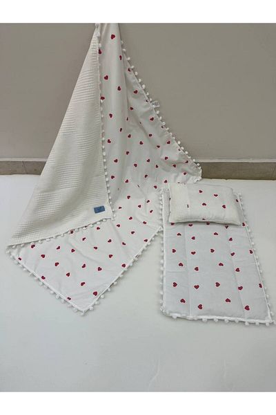 BUSEBABYHOME Poplin Fabric and Pompom Bottom Cover, Pillow and Blanket Set of 3