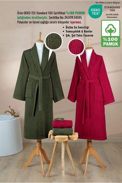 Ellaline 4 Piece Striped Bathrobe Set 100% Cotton Certified Family Towel Bathrobe Set Dowry Set Claret Red - Green