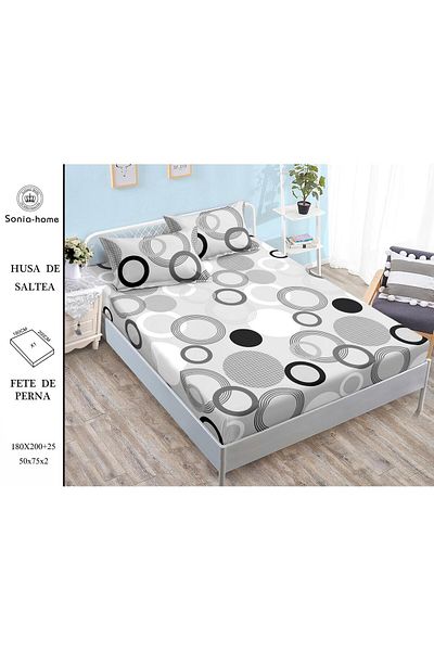 FIONNA.RO Elasticated Duvet Cover and Pillowcases Made of Finet 180x200cm - Grey with Circles