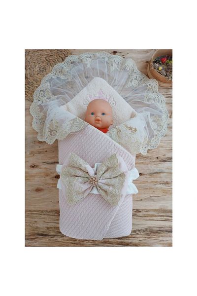 shopwave Newborn Lamb Crown Embroidery Laced Bow and Veil Prism Stone Unisex Swaddle Baby Blanket