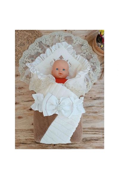 shopwave Newborn Wool Wool Fabric Crown Embroidered Guipure Veil Bow Prism Stone Unisex Swaddle Baby Blanket