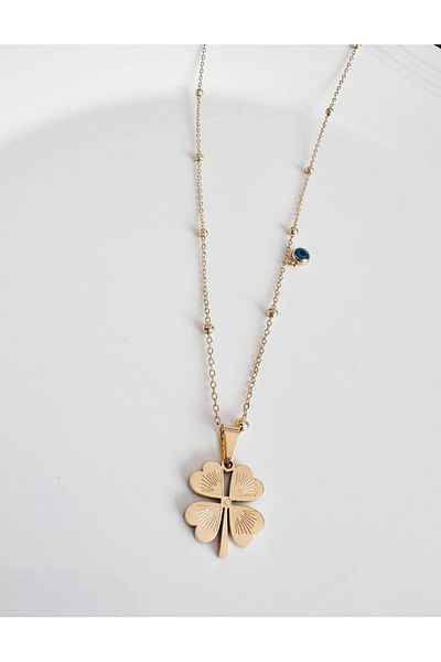 DEVİ fashion Steel Evil Eye Beaded Clover Eye Necklace 46 cm