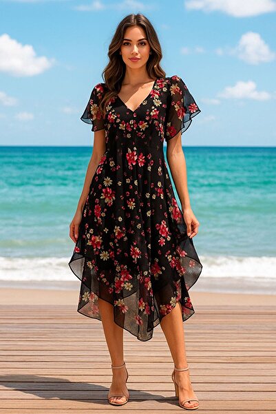 han collection Tülbent çiçek desenli elbise %100 pamuk