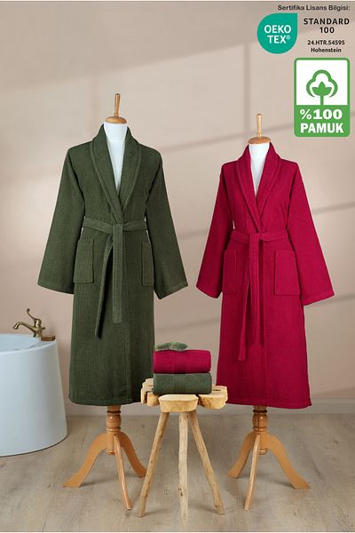 Ellaline 4 Piece Striped Bathrobe Set 100% Cotton Certified Family Towel Bathrobe Set Dowry Set Claret Red - Green