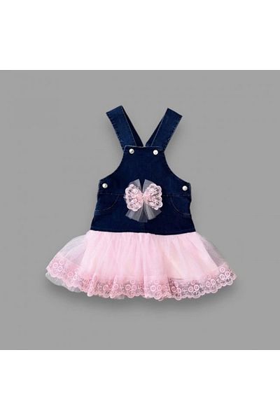 shopwave 2-3-4 Years Old Bow Button Detailed Tulle Skirt Denim Fabric Salopet Girl's Dress