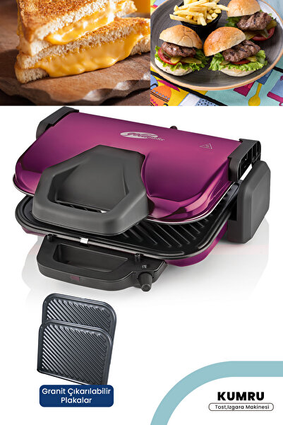 GOLDMASTER Kumru Mor 1800 Watt Granit Çıkarılabilir Plakalı 5 Kademe Isı Ayarlı Tost Ve Izgara Makinesi