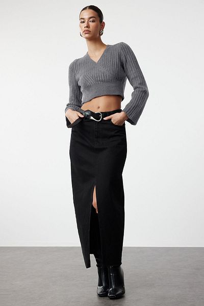 Trendyol Collection Anthracite Crop Soft Textured Double Breasted Knitwear Sweater Twoaw24Kz00381
