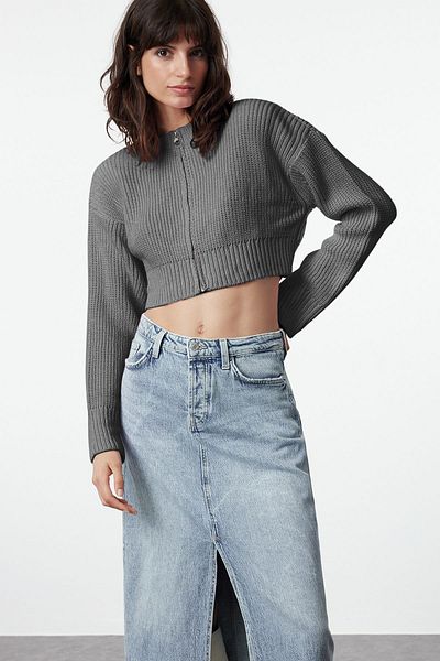 Trendyol Collection Anthracite Crop Vatka Zipper Detailed Knitwear Cardigan Twoaw25Hi00020