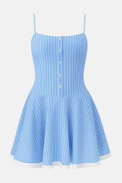 Trendyol Collection Blue Striped Waist Opening Woven Mini Dress Twoss25El00876