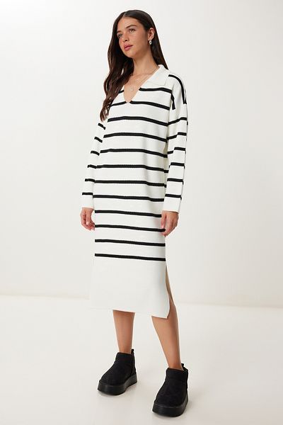 Happiness İstanbul Women's Ecru Black Striped Slit Midi Knitwear Dress Yy00253