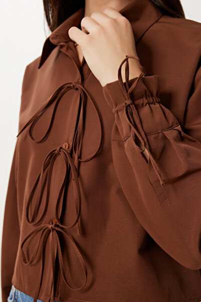 Happiness İstanbul Női barna fűzős részletes Crop szőtt ing BV00178