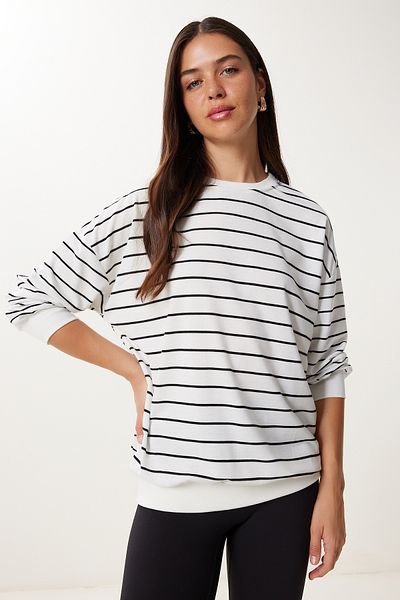 Happiness İstanbul Women's White Black Striped Oversize Knitted Sweatshirt Zv00339