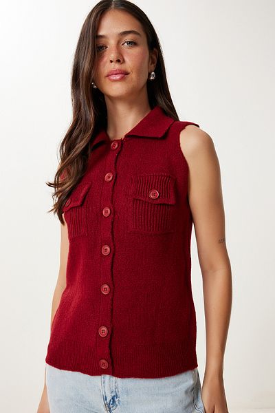Happiness İstanbul Women's Burgundy Polo Neck Knitwear Vest Yy00244