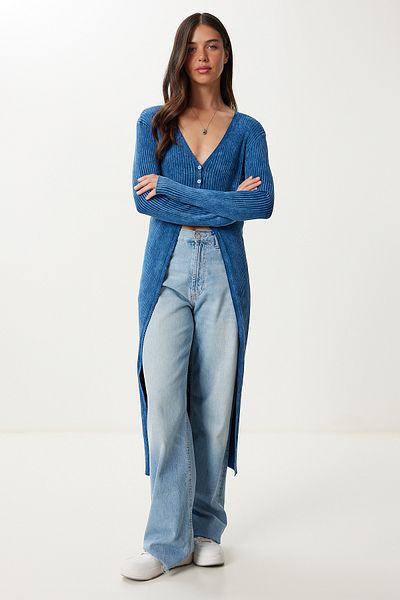 Happiness İstanbul Women's Indigo Blue Washed Long Knitwear Cardigan Ns00461