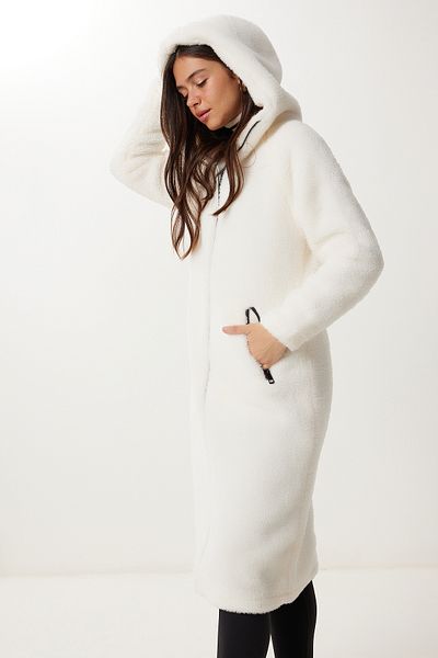 Happiness İstanbul Women's Bone Hooded Long Plush Coat Dd01373