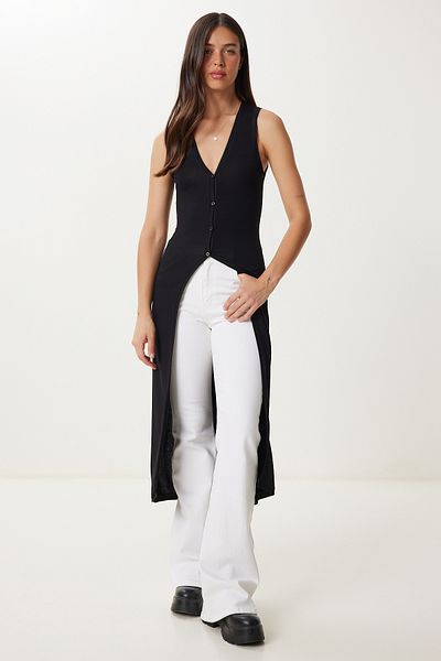 Happiness İstanbul Women's Black V-Neck Long Knitwear Vest Ub00410