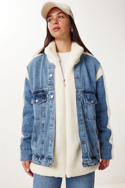 Happiness İstanbul Jachetă de pluș cu detalii din denim albastru os pentru femei DD01368