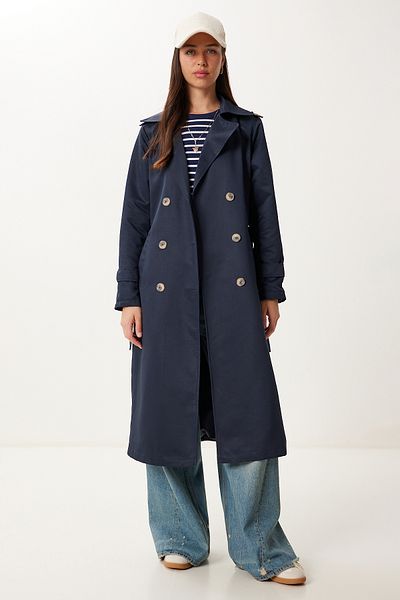 Happiness İstanbul Women's Navy Blue Double Breasted Collar Belted Gabardine Trench Coat Dd01375